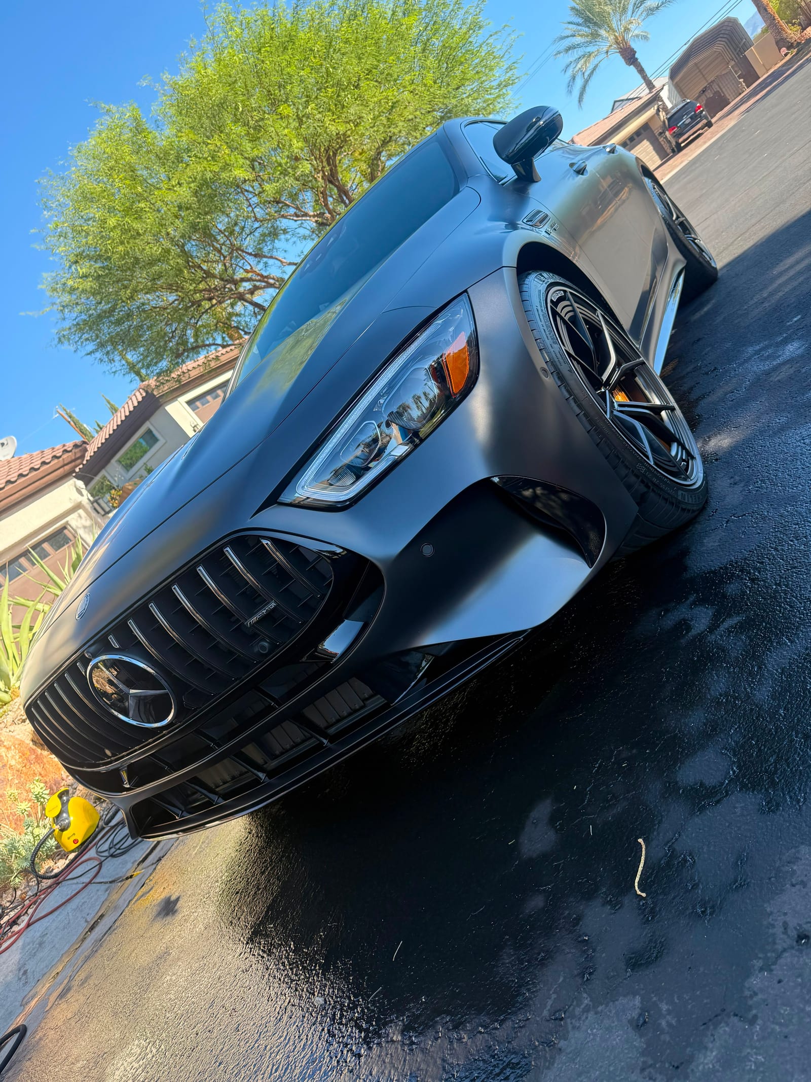 Mercedes-AMG GT side profile with cleaned forged wheel and yellow calipers