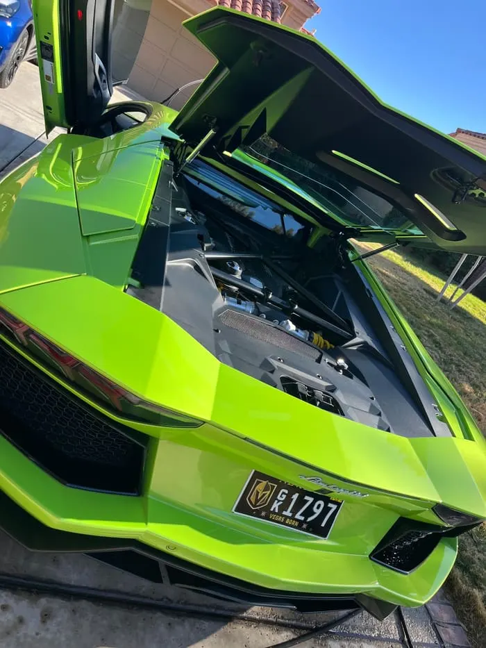Lamborghini Aventador rear three-quarter with the engine cover open after detailing